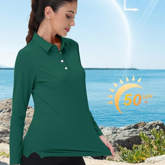 Women’s Long Sleeve Polo Shirt Lightweight Quick Dry UPF 50+ Sun Protection - Picture 2 of 6